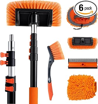 17ft Telescopic Pole with Car Wash Brush and Window Squeegee Kit, 3-12 ft Extension Pole, Bristles Wash Brush, Chenille 