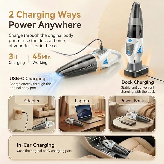Handheld Vacuum Cordless, 25000Pa Powerful Suction Car Vacuum Portable Cordless with 8000mAh Battery & LED Light, Hand Held Vacuum Rechargeable with HEPA Filters, Home, Car Seats, Pet Hair White
