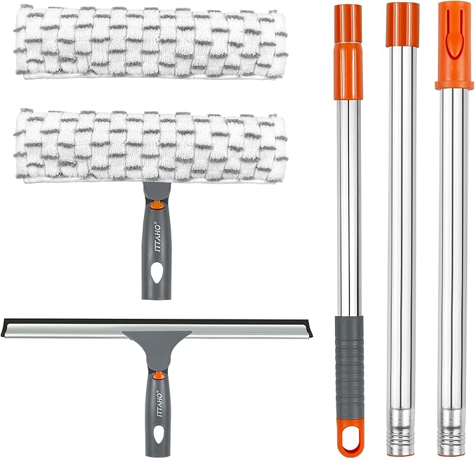 Squeegee for Window Cleaning,12" Squeegee and 11" Microfiber Scrubber Combi with Stainless Steel Pole,Extendable Window Cleaner for Car,Sliding Door,Shower Glass Door-Swivel Style-2 Pads