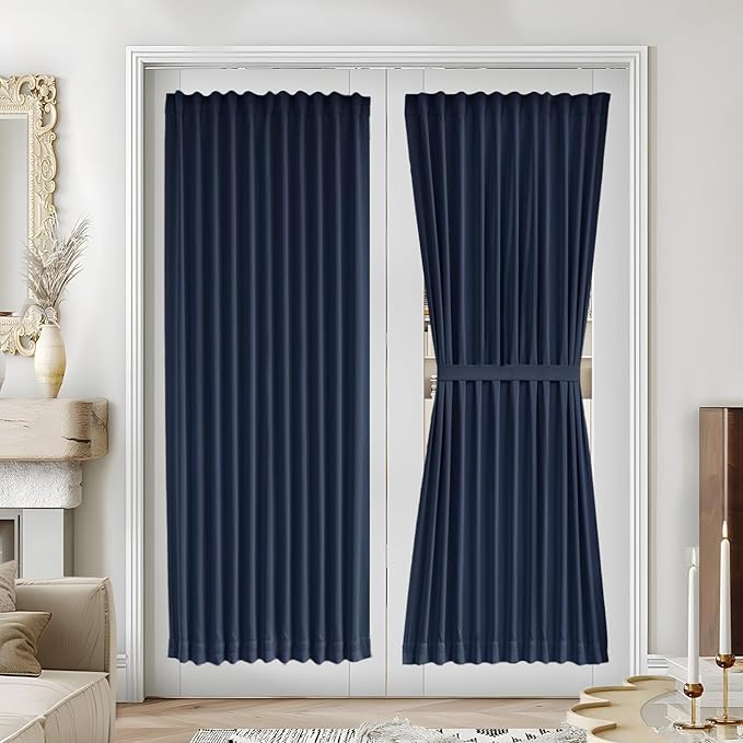 Vatge Navy Blue French Door Curtain Panel for Front Door - Dual Rod Pocket Drapes for Living Room Glass Door, 1 Panel, W54 x L72, Navy