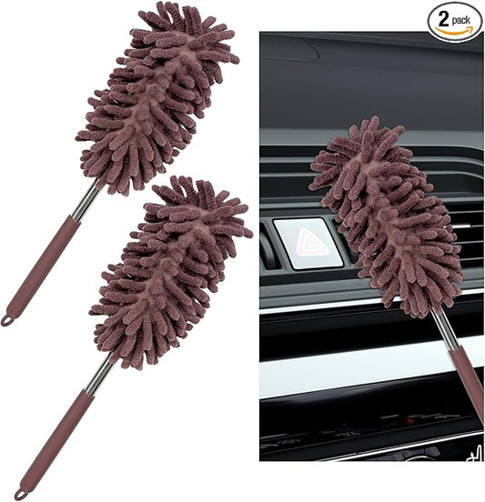 2PCS Car Interior Duster with Extension Pole, 11.8 to 30.5 Inch Retractable Dusters Washable Car Interior Cleaning Brush, Soft Scratch-Free Chenille Auto Dash Vent Window Duster (Khaki)