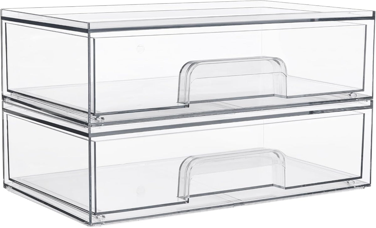 Clear Stackable Storage Drawers, 2 Pack Wide Plastic Organizers