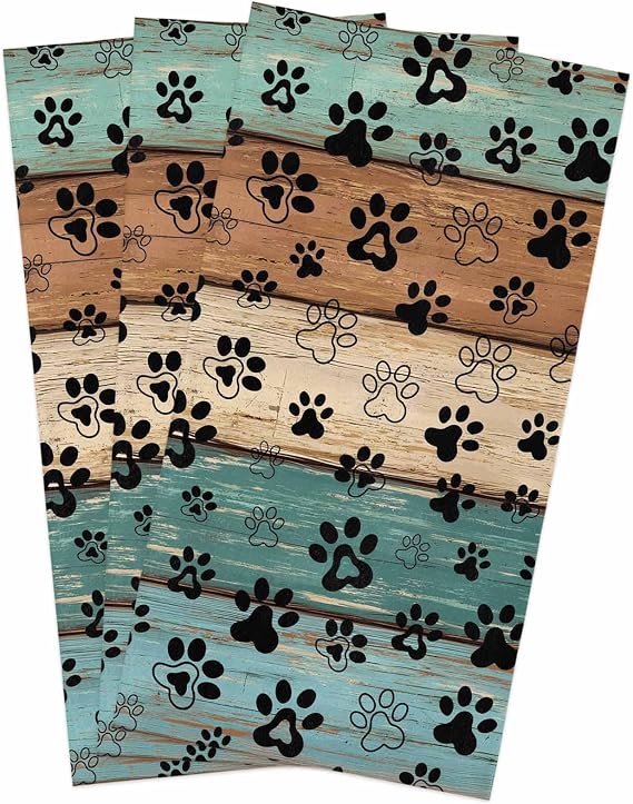 Dog Paws Prints Kitchen Towels 3 Pack, Rustic Teal Dish Towels for Kitchen, Farmhouse Turquoise Wood Absorbent Microfibe
