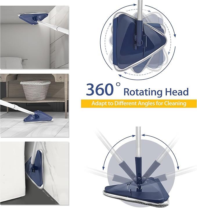 Wall Cleaner Mop with 82" Handle, 360° Rotating Triangle Head and Microfiber Pads, Built-in Squeegee for Ceiling Mop, Baseboard Cleaning and Windows