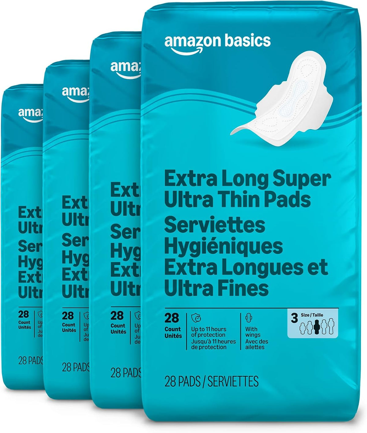 Ultra Thin Pads with Flexi-Wings for Periods, Extra Long Length, Super Absorbency, Unscented, Size 3, 112 Count (4 Packs of 28), Packaging May Vary