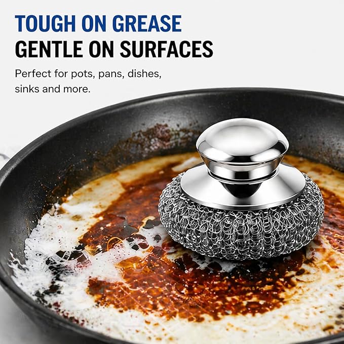 Steel Wool Scrubber, 10-Pack Stainless Steel Scrubber Pads with Handle - The Ultimate Scouring Solution for Rust, Stubborn Messes on Cookware, Grill, Oven & Kitchen Sinks