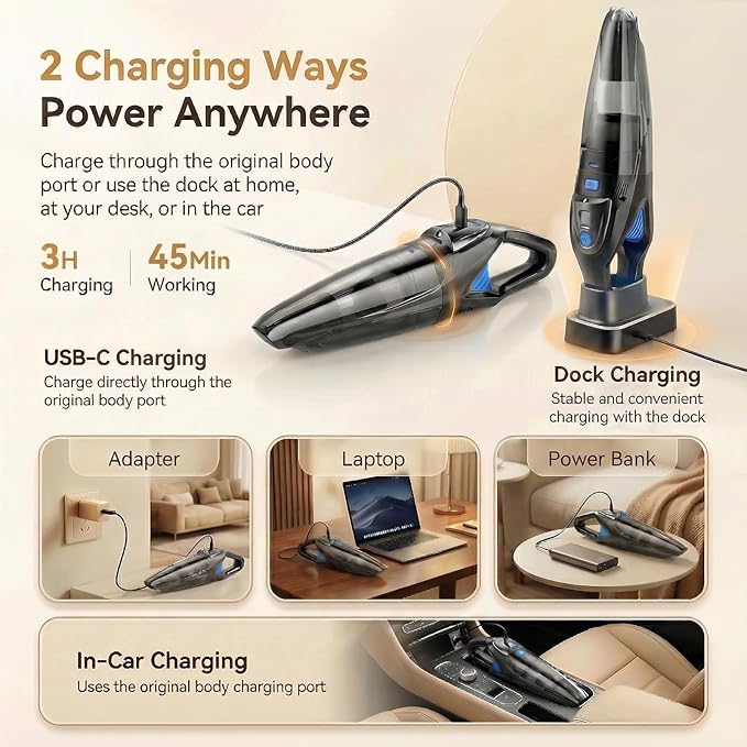 Handheld Vacuum Cordless, 25000Pa Powerful Suction Car Vacuum Portable Cordless with 8000mAh Battery & LED Light, Hand Held Vacuum Rechargeable with HEPA Filters, Home, Car Seats, Pet Hair Blue