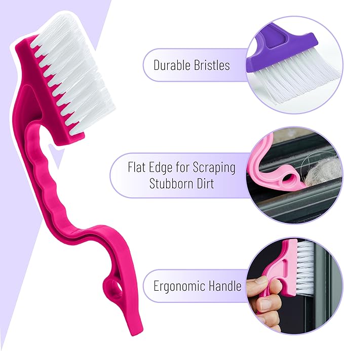 Slick- Window Track Cleaning Brush, 4 Pack, Ergonomic Handle, Built-in Scraper, Multipurpose, Window Track Cleaning Tools