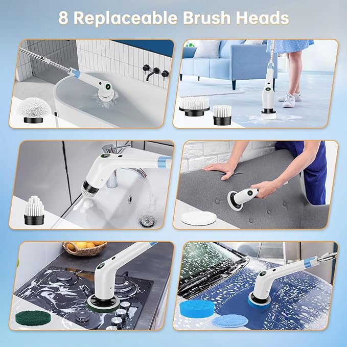 PUFTEM Electric Spin Scrubber, Cordless Shower Scrubber with 8 Scrub Brush, 2 Speed with Adjustable Extension Handle, Battery Level Display, Power Scrubber for Bathroom Bathtub Tile Floor, White