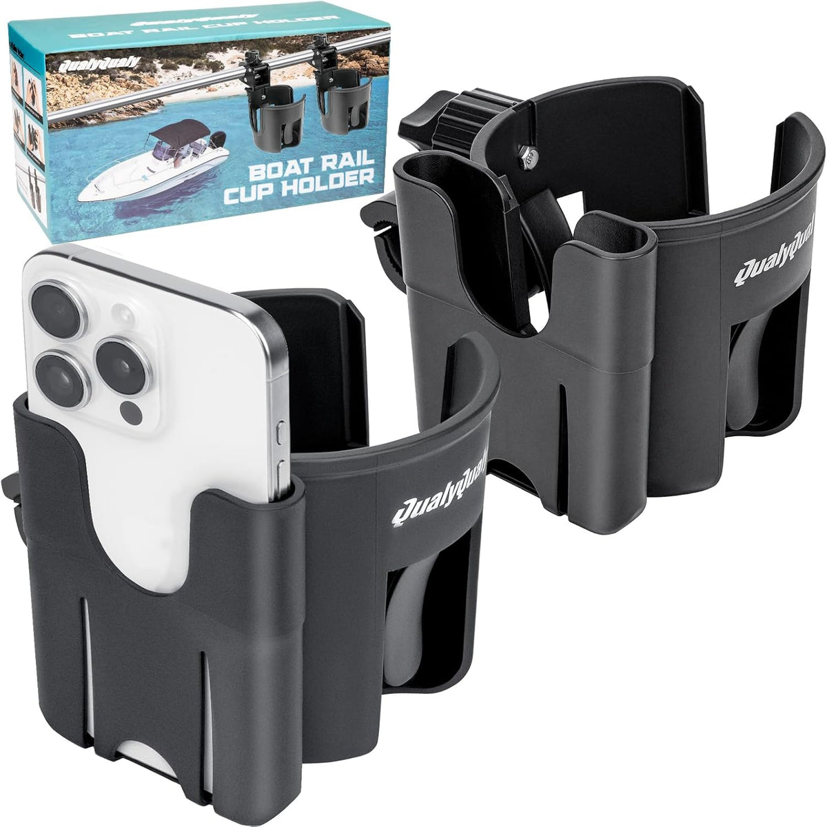 Boat Rail Cup Holder 2 Pack, No-Drill Clamp-On Marine Cup Holders 360° Adjustable for Pontoon Boat, Bimini Top, Grab Bar, PWC, Jet Ski, Fits Round & Square Rails 15-40mm, Boat Gifts for Men