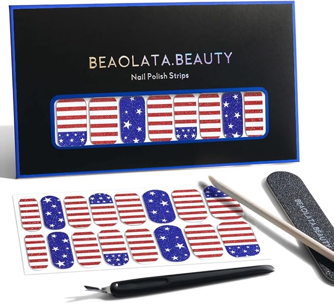 Nail Polish Strips, 32PCS Salon Quality Wraps, Long Lasting Gel Nail Stickers for Women Easy Apply& Remove (Fourth of July Independence Day)