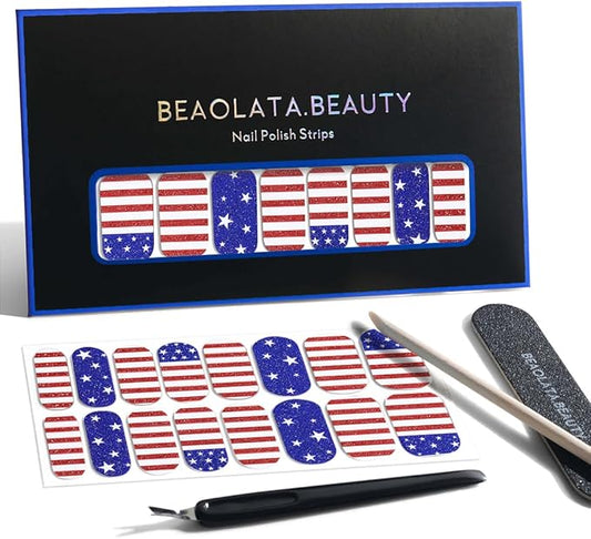 Nail Polish Strips, 32PCS Salon Quality Wraps, Long Lasting Gel Nail Stickers for Women Easy Apply& Remove (Fourth of July Independence Day)