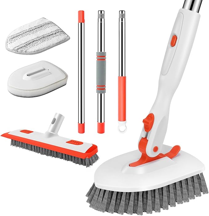 SetSail 4-in-1 Tile Tub Floor Scrubber with 52-inch Adjustable Long Handle Shower Cleaner Brush Comes with Floor Scrub Brush and 3 Replacement Brush Heads for Cleaning Bathroom Tub Tile, Orange
