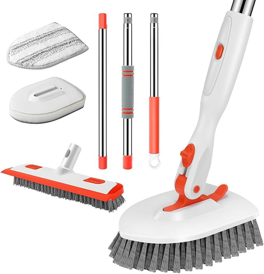 SetSail 4-in-1 Tile Tub Floor Scrubber with 52-inch Adjustable Long Handle Shower Cleaner Brush Comes with Floor Scrub Brush and 3 Replacement Brush Heads for Cleaning Bathroom Tub Tile, Orange