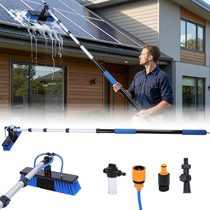 Solar Panel Cleaning Brush Kit with 5-20FT Telescopic Pole - Water Fed Window Cleaner Tool with 180° Rotating Brush & So