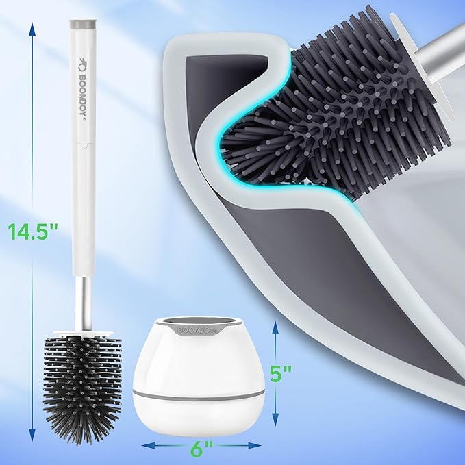 BOOMJOY Toilet Brush and Holder Set, Silicone Toilet Bowl Cleaner Brush, Bathroom Cleaning Bowl Kit with Tweezers, Bathroom Accessories with Aluminum Handle - White