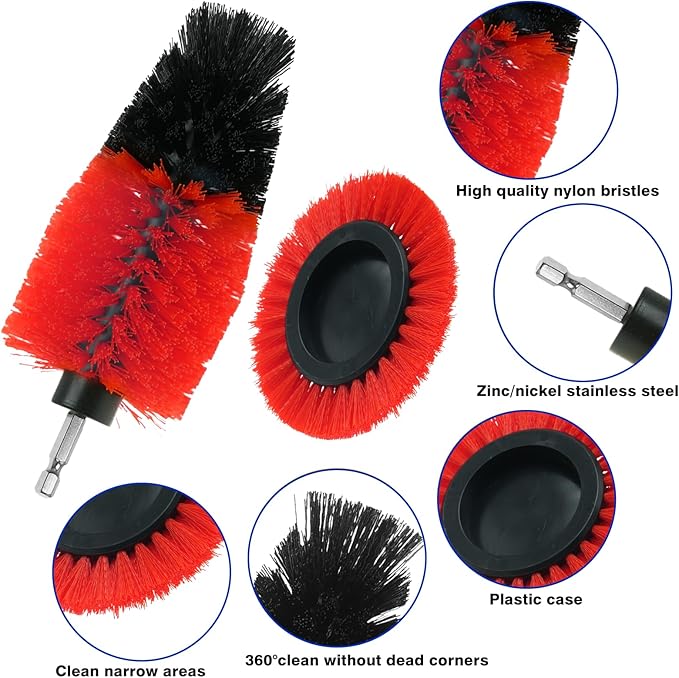 8 Pcs Drill Brush Attachment Set, Power Cleaning Scrub Brush Kit with Extend Long Attachment, All Purpose Drill Scrub Brushes for Car, Grout, Floor, Tub, Bathroom and Kitchen (red)