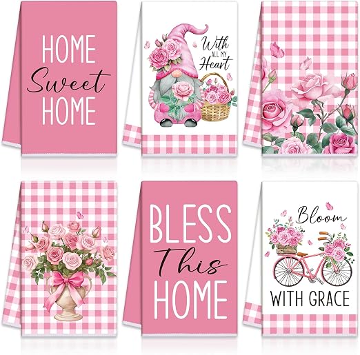 VitalCozy 6 Pcs Pink Rose Kitchen Towel Set Funny Housewife Farmhouse Rustic Bath Hand Towel for Holiday Bathroom Gift, 