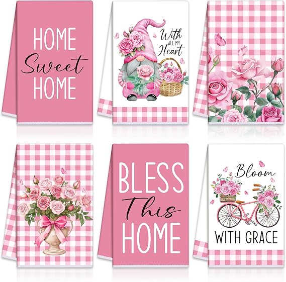 VitalCozy 6 Pcs Pink Rose Kitchen Towel Set Funny Housewife Farmhouse Rustic Bath Hand Towel for Holiday Bathroom Gift, 