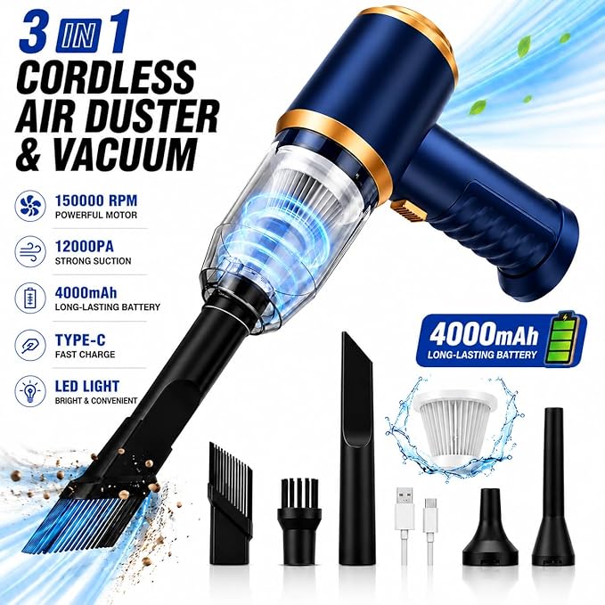 Car Vacuum Cleaner Cordless, 120W high Power Portable Mini Vacuum with 12000Pa Hand Held Vacuum Strong Suction, Electric Compressed Air Duster Blower for Car, Desk, Keyboard, Home
