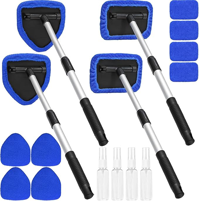 Beieverluck 20 Pieces Windshield Cleaner Tool, Inside Car Windshield Cleaning Tool with 12 Microfiber Pads, 4 Spray Bottle, and Extendable Handles Car Window Cleaning Tool Kit, Blue