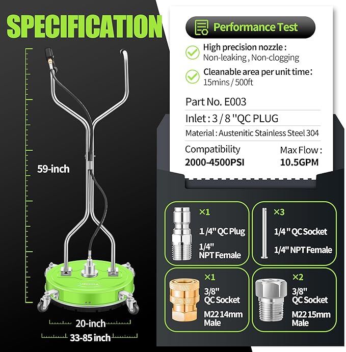 20" Pressure Washer Surface Cleaner with 4 Wheels - Coated Green Dual Handle Stainless Steel Surface Cleaner for Pressure Washer Attachment for Concrete, Patio, Sidewalk, Deck and Driveways - PWS20G