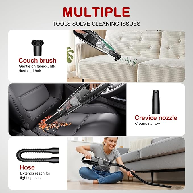 BSRCO Handheld Vacuum Cordless 8000PA, Car Vacuum Portable Cordless 30 Mins Runtime & Under 70dB Quiet, Hand Held Vacuum Cleaner, 1.4lbs Hand Vacuum Cordless for Car/Home/Office, Pet Hair