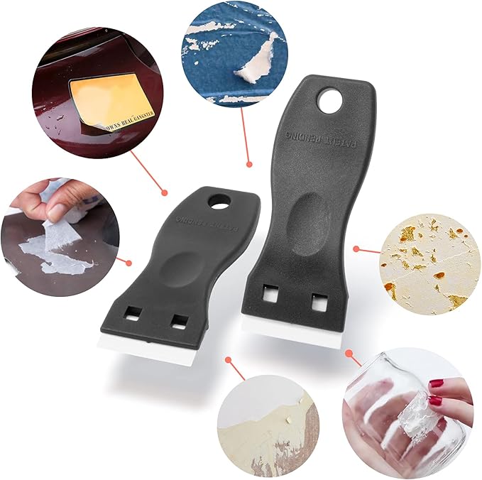 FOSHIO 2PCS Plastic Razor Blade Scraper Tool and 100PCS Plastic Blades for Gasket Remover, Sticker Remover, Labels Decal and Adhesive Remover for Windows and Glass (Dark Black)