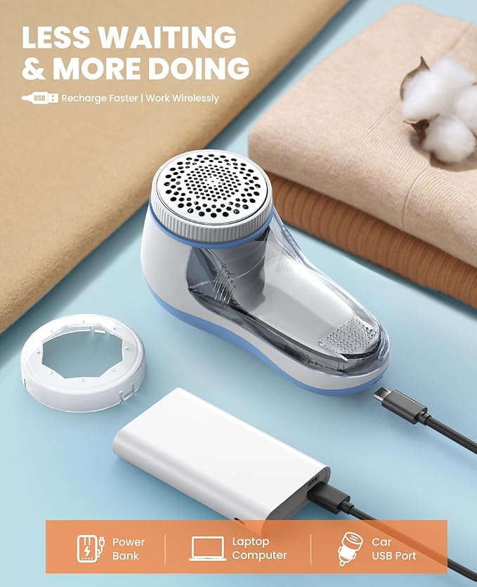 POPCHOSE Fabric Shaver, Lint Remover for Clothes, Electric Lint Shaver with 6-Leaf Blades, Sweater Shavers to Remove Pilling for Clothing, Couch, Furniture, Fuzz, Lint Ball, Bobbles, Light Blue