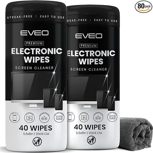 Electronic Wipes Screen Cleaner Streak-Free [2 Pack x40] Computer Screen Wipes, TV Screen Cleaner Wipes, Monitor Wipes for Smart TV, Laptop, iPhone, ipad and more - [Microfiber Cloth + 80 Wipes]