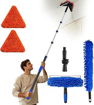 AgiiMan 10FT Reach Duster Cleaner Kit with 1.1-4.4FT Extension Pole, Window Squeegee and Duster Kit, Triangle Baseboard 
