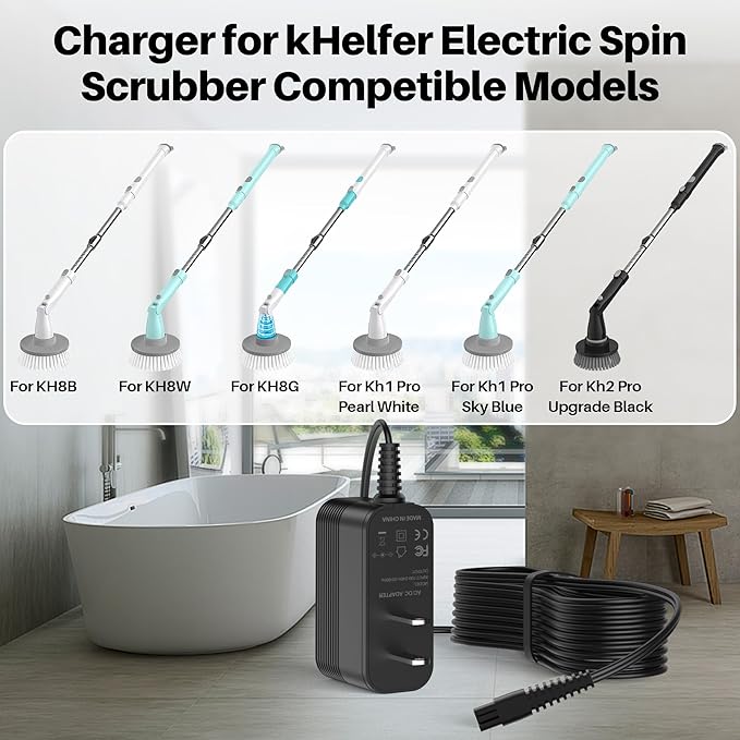 Charger for KHelfer Kh8 Pro Electric Spin Scrubber Compatible with Kh8 Series Kh1 Pro Kh2 KH8W KH8B KH8G Power Scrubber DC 9V AC Adapter