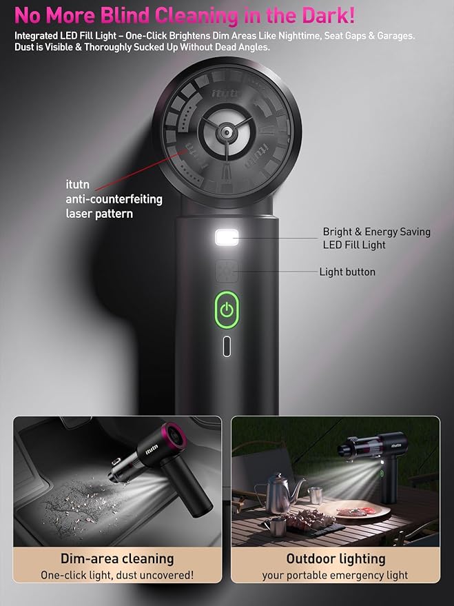 Mini Car Vacuum Portable Cordless with LED Light, 15000PA Powerful Suction, 80W High Power, One-Click Empty, Dual Hepa Filter, Y8plus Car Vacuum Cleaner & Air Duster for Home, Desk, PC, Keyboard