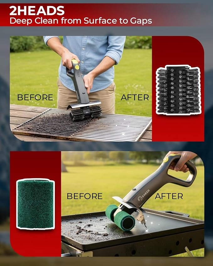 Saker Electric Grill Brush with 450 RPM & LED Light | Tangle-Free Grill Cleaning Brush with Durable Roller | Complete 8-Piece Brush & Scouring Pad Kit | Ideal Grilling Gift for Dad
