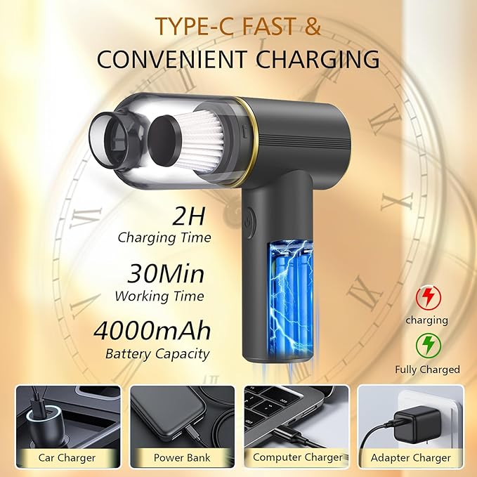 JONEME Car Vacuum Cordless Cleaner High Power 12000PA,6 in 1 Hand Held Vacuum Cordless Rechargeable Air Blower & Pump & Air Duster,Small Mini Handheld Vacuum for Car,Home,Office,Pet Hair