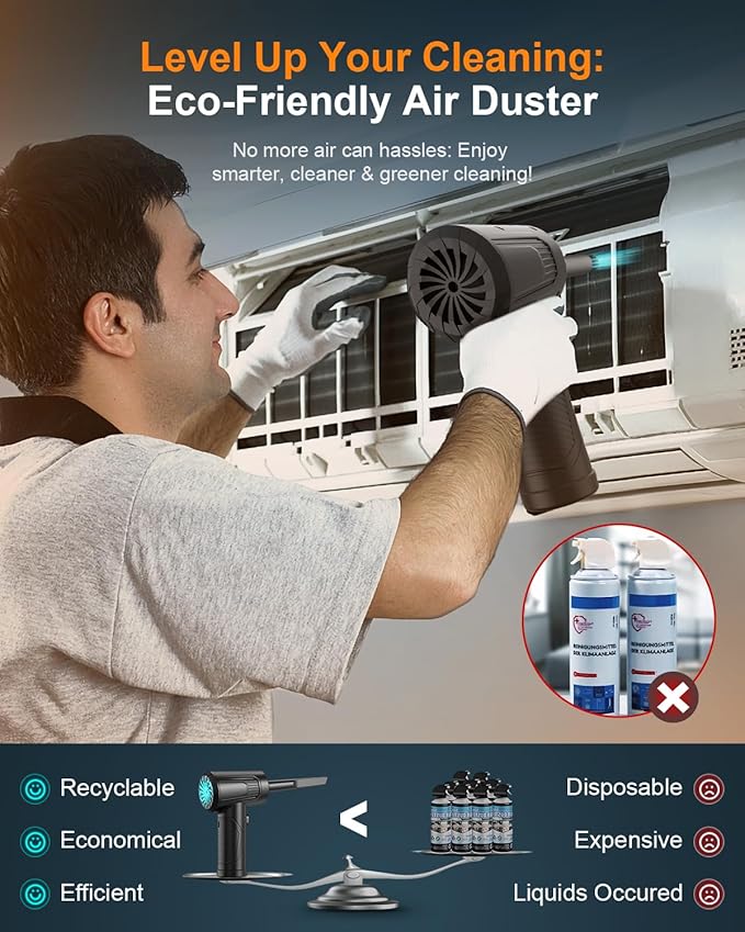 11-in-1 Compressed Air Duster-3-Gear Adjustable 120000 RPM Electric Air Duster with LED Light, Reusable no Canned Keyboard Cleaner for Office, 9000mAh Cordless Air Duster for Computer/Car/Home (Black)