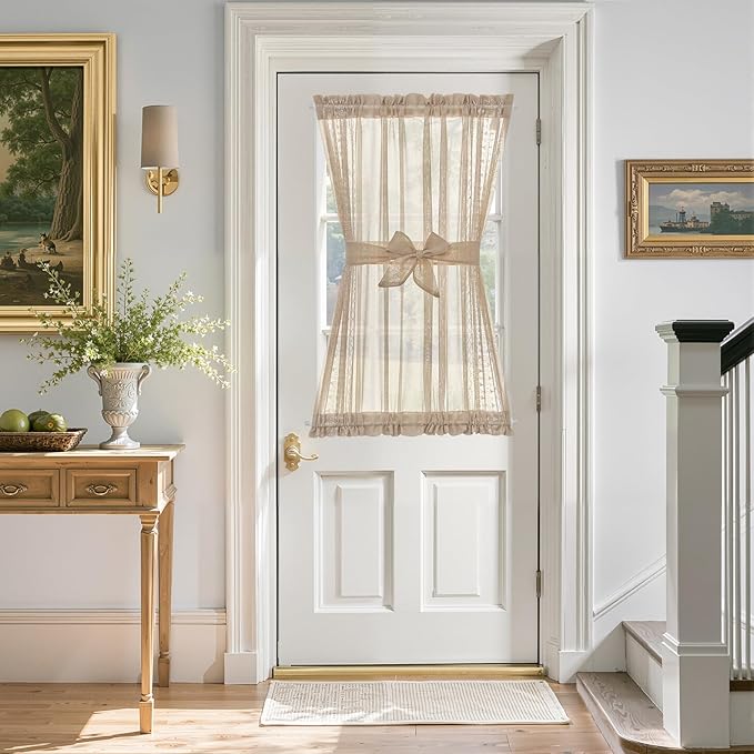 jinchan French Door Curtain Privacy Boho Embroidered Semi Sheer Voile Front Curtain for Window Doorway Closet, Door Panel with Tieback Rod Pocket 1 Panel (White on Beige, 55W x 40L Inch)