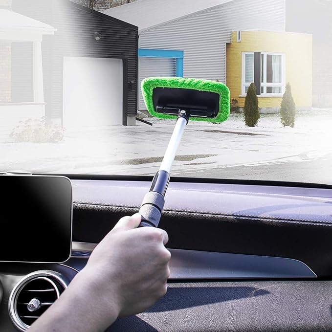 XINDELL Windshield Cleaner Tool – Car Window Cleaning Tool Extendable Handle for Easy Cleaning, 9pcs Reusable Microfiber Pads, Streak-Free Interior & Exterior Auto Glass Cleaner (Green)