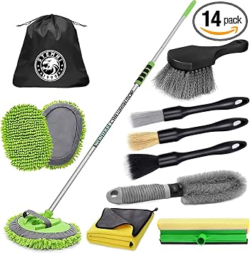 14Pcs Car Wash Kit, 62'' Car Wash Brush with Long Handle, Microfiber Scratch-Free Carwash Brush Mop Mitt Kit Car Car Was