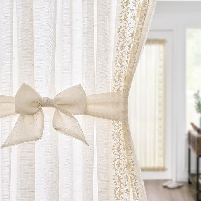 jinchan French Sheer Volie Door Curtain Embroidered Farmhouse Linen Curtain for Patio Door with Tie up Bows Light Filtering for Door Window Closet Rod Pocket 72 Inches 1 Panel Crude on Beige