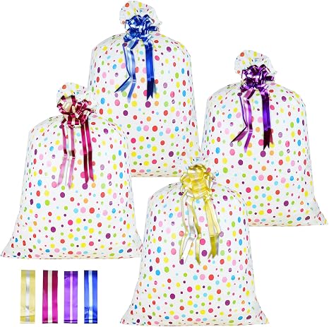 4 Pcs Large Gift Bags Oversized Plastic Storage Bags 48"x 36" with 4 Pcs Pull Flowers for Huge Big Gifts Presents Wrappi