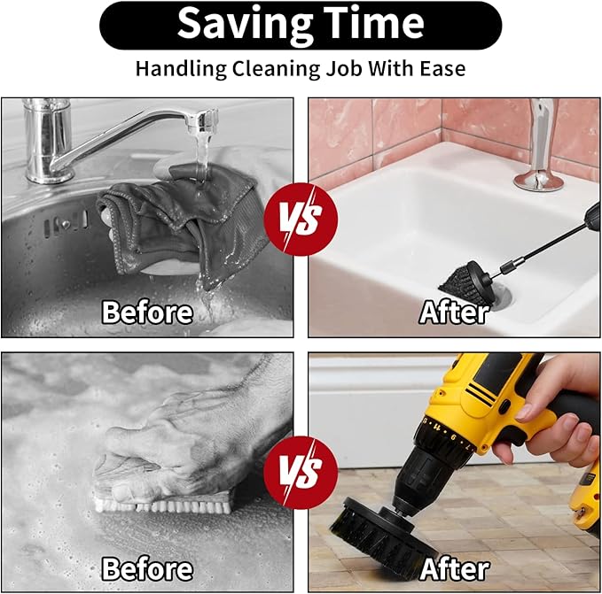 8 Pcs Drill Brush Attachment Set, Power Cleaning Scrub Brush Kit with Extend Long Attachment, All Purpose Drill Scrub Brushes for Car, Grout, Floor, Tub, Bathroom and Kitchen (Black)