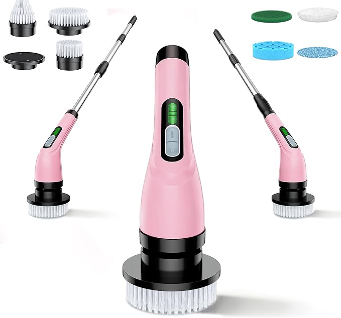Electric Spin Scrubber - Cordless Bathroom Scrubber with 7 Brush Heads - Dual Speed IPX7 Waterproof Power Scrubber for Heavy-Duty Bathtub, Glass, Tile, and Car Cleaning (Pink)