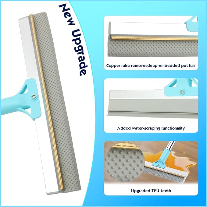 Carpet Rake for Pet Hair Removal, 54" Adjustable Long Handle 3 in 1 Carpet Rake & Pet Hair Removal Gloves for Cat Dog Fur Remover for Carpets, Rugs, Mats and Furniture(with 2 Hooks)
