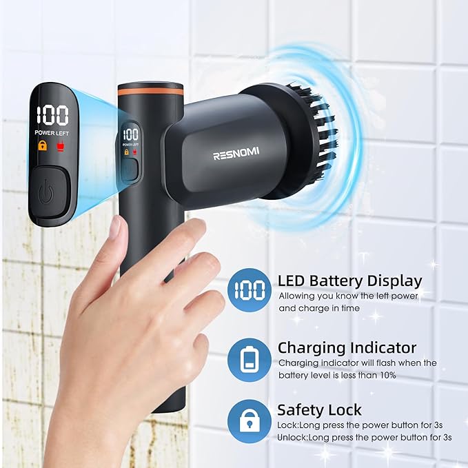 Electric Spin Scrubber,Cordless Shower Scrubber with LCD Display,Upgraded Motor 400/550RPM,2 Speeds Electric Scrubber with 6 Replaceable Heads,Handheld Cleaning Brush for Kitchen/Bathroom/Tile/Tub
