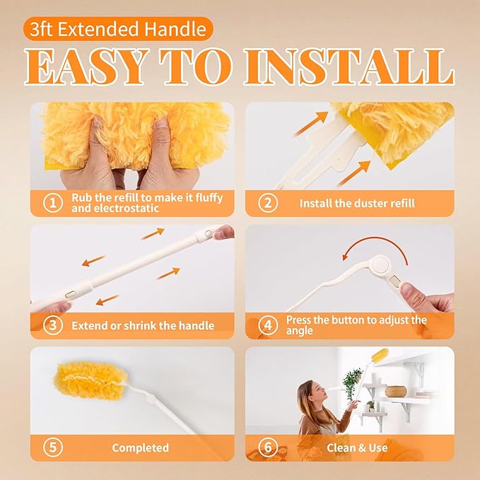 Duster Refill for Swiffer Duster, 50 Count Disposable Dusters Kit for Cleaning Dusting Furniture Blind Ceiling Fan, Multi Surface 360 Feather Duster + 3FT Extended Handle + Short Handle