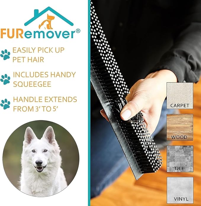 FURemover Pet Hair Removal Rubber Broom, 58" Telescopic Handle