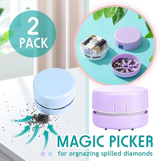 Honoson 2 Pcs Diamond Painting Tool Drill Quicker Picker for Spilled Diamonds 5d Painting Accessories Vacuum Cleaner Mini Table Desktop Sweeper Organizer Clean Art Beads Crumb(Blue, Purple)