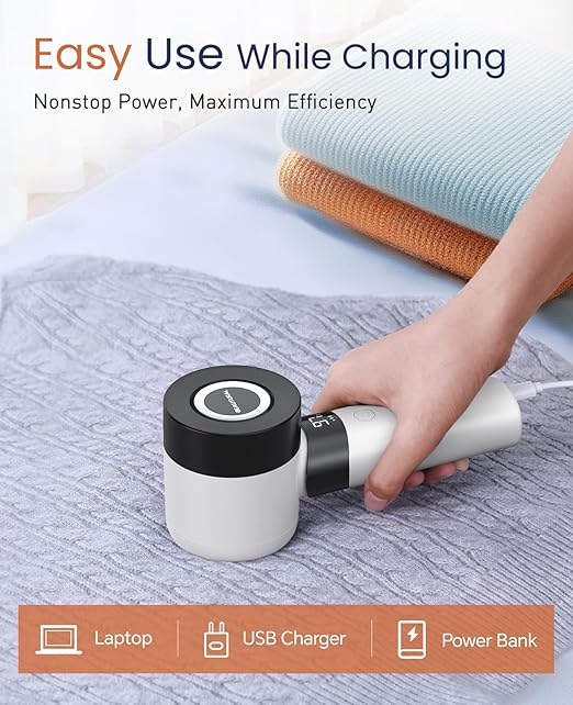 BEAUTURAL Fabric Shaver and Lint Remover, Rechargeable Electric Sweater Shaver with 3 Speeds, 6 Leaf Blades and LED Display, Portable Pilling Remover for Clothes, Furniture, Blankets, White
