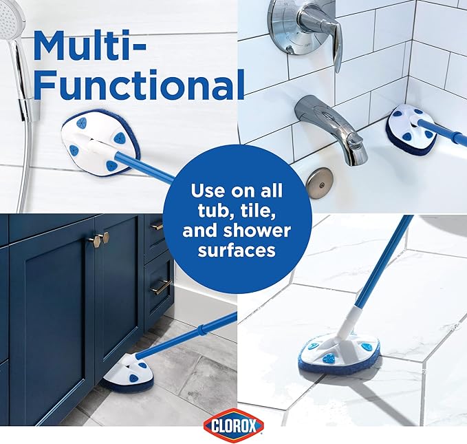 Clorox Extendable Tub & Tile Scrubber with Polyurethane Head – Heavy Duty Bathroom Cleaning Brush with Bonus Refill, Pivoting Head, Replaceable Pad, Works with Clorox Wipes
